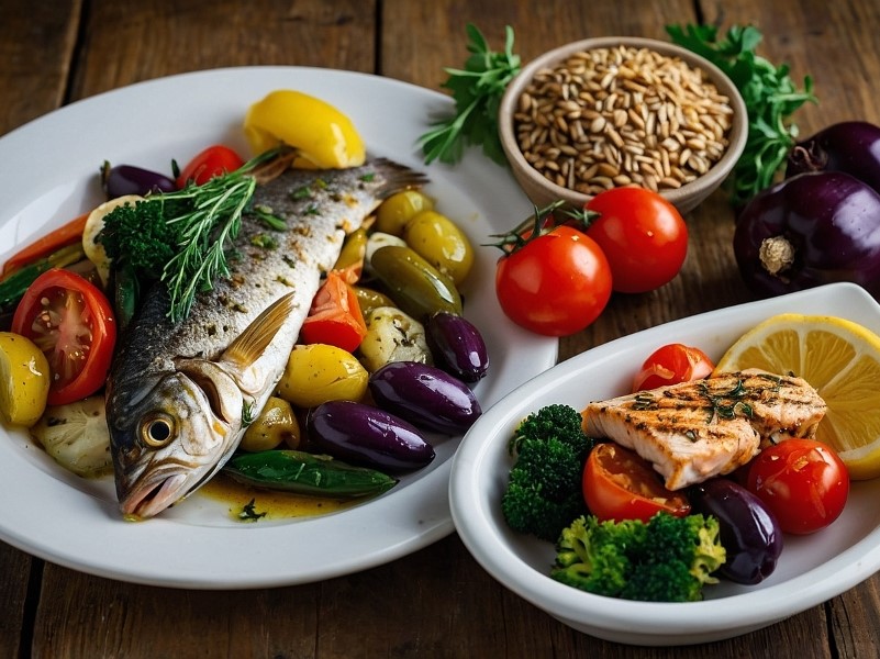 A Mediterranean diet meal featuring a whole roasted fish with olives, tomatoes, and vegetables, accompanied by grilled salmon with lemon and broccoli.