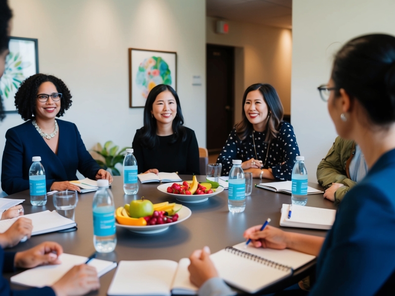 Group of diverse women discussing weight watchers meal plans in a meeting setting, with healthy fruits on the table.