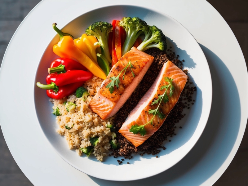 Grilled salmon with quinoa, broccoli, and bell peppers, part of a nutritious weight watchers meal plan.