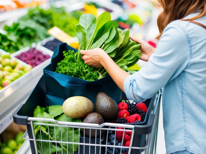 Woman selecting fresh greens and vegetables for monthly meal planning at a grocery store.