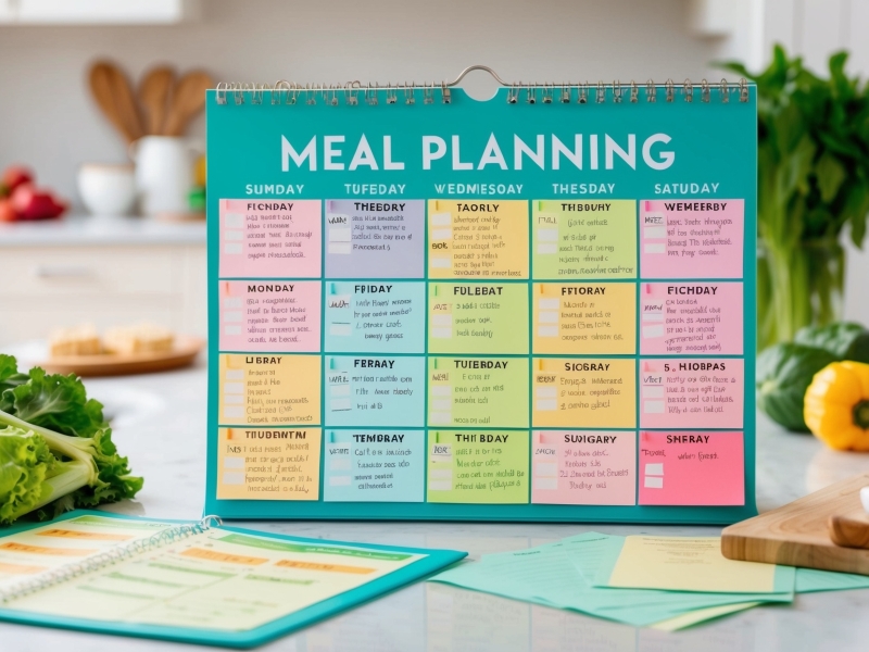 Colorful monthly meal planning calendar displayed in a kitchen, showing various planned meals.