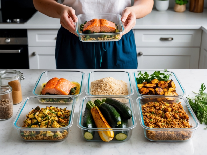 Low FODMAP meal prep with salmon, zucchini, rice, and roasted vegetables packed in glass containers.