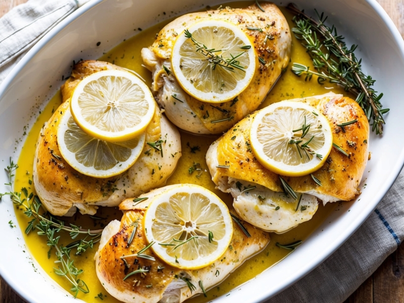 Baked lemon herb chicken breasts in a dish, seasoned with rosemary and thyme, perfect for a low FODMAP meal plan