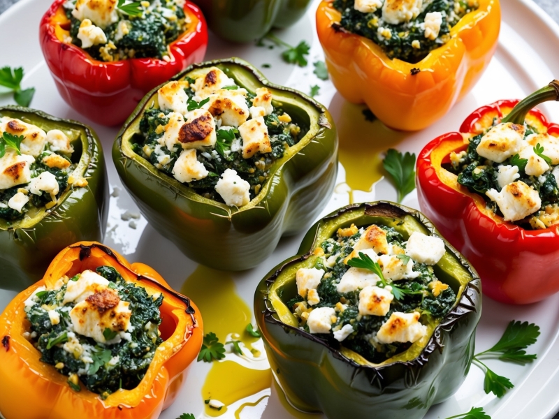 Colorful bell peppers stuffed with spinach and feta, drizzled with olive oil, ideal for a low FODMAP meal plan.