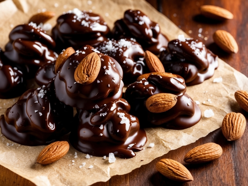 Rich dark chocolate-covered almond clusters sprinkled with sea salt, suitable for a low FODMAP meal snack