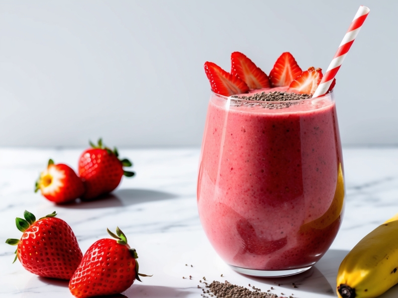 Freshly blended strawberry and banana smoothie topped with chia seeds, a refreshing low FODMAP drink option.