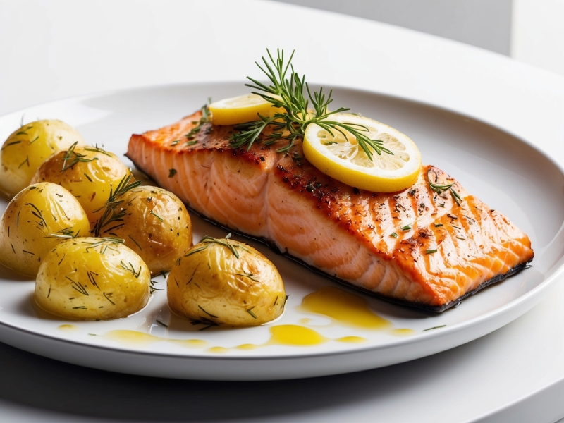 Grilled salmon served with roasted baby potatoes and garnished with lemon and dill as part of a low FODMAP meal plan