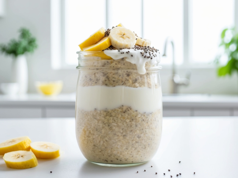 Jar of creamy overnight oats topped with banana slices and chia seeds, perfect for a low FODMAP breakfast