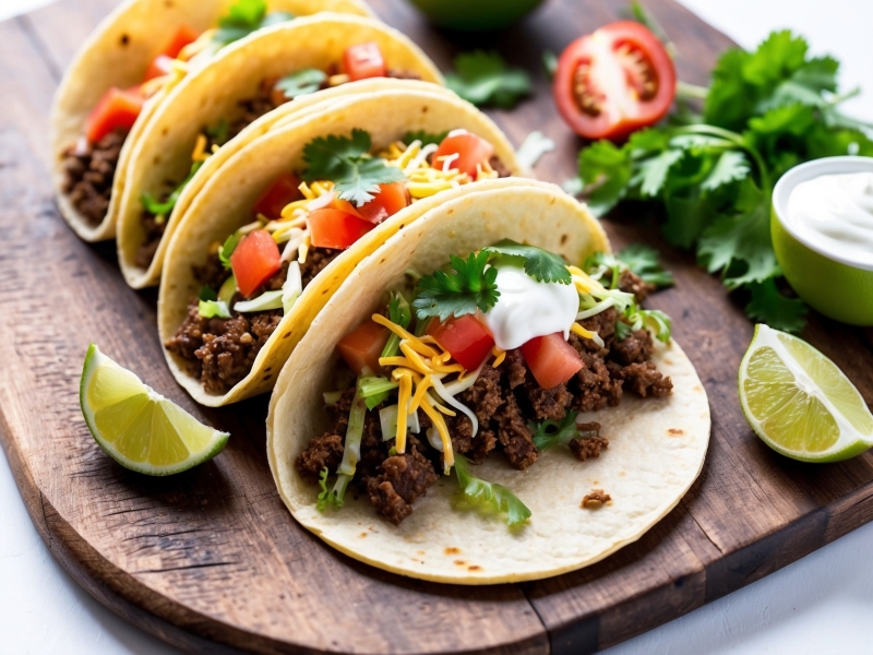 Soft beef tacos topped with lettuce, tomato, shredded cheese, and sour cream, part of a low FODMAP meal plan