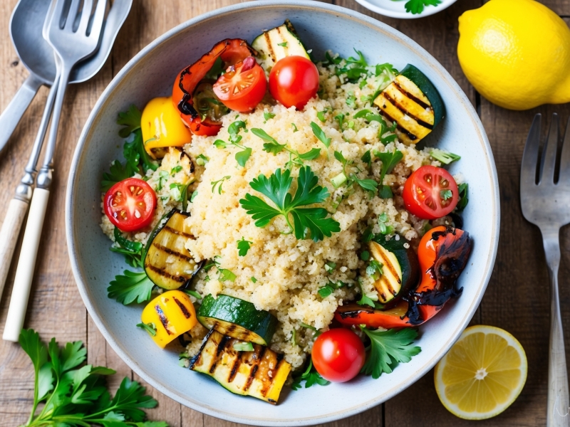 Quinoa salad with grilled zucchini, bell peppers, cherry tomatoes, and fresh herbs for a low FODMAP meal plan