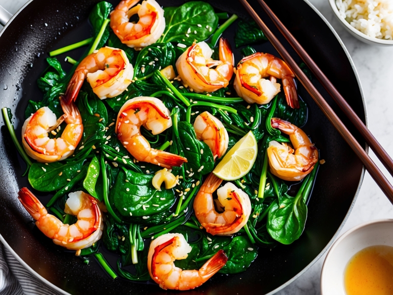 Low FODMAP stir-fry featuring sautéed shrimp with fresh spinach and sesame seeds, served with a side of rice