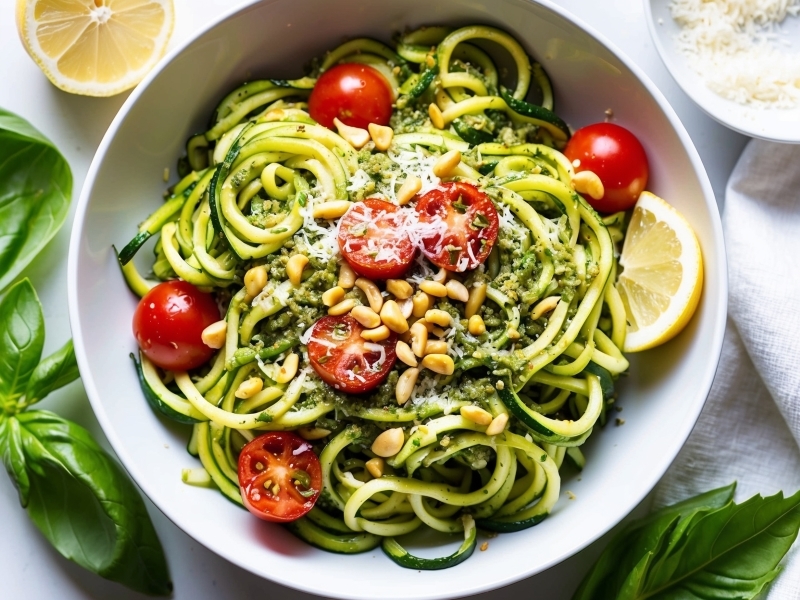 Zucchini noodles with pesto sauce, cherry tomatoes, and pine nuts, a delicious low FODMAP pasta alternative