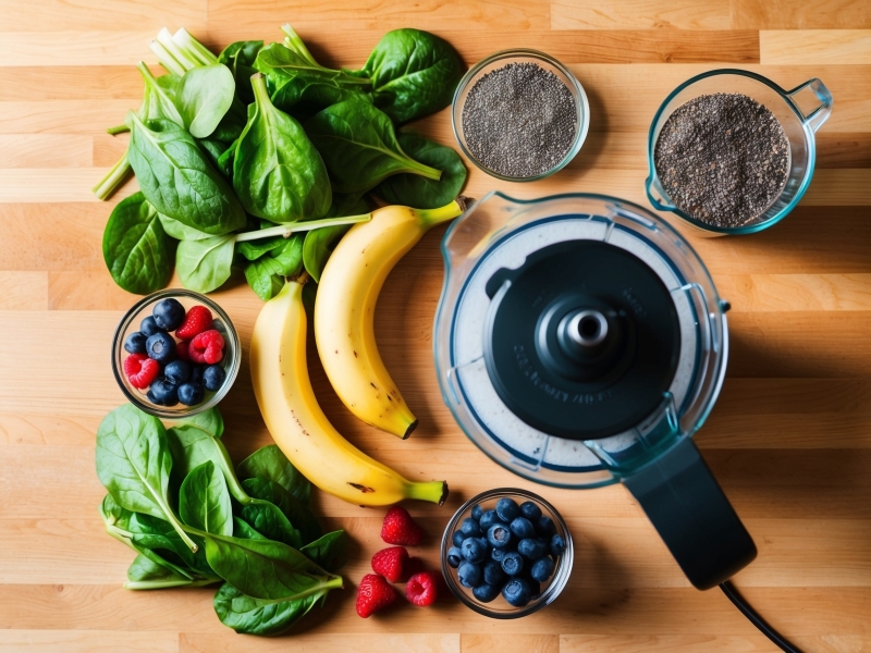 Assortment of raw ingredients including spinach, bananas, berries, and chia seeds arranged next to a blender, perfect for a raw nutrition smoothie.