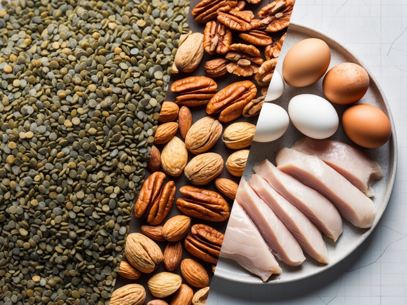 A split image featuring lentils, mixed nuts, and eggs with chicken, showcasing diverse sources of raw nutrition and protein