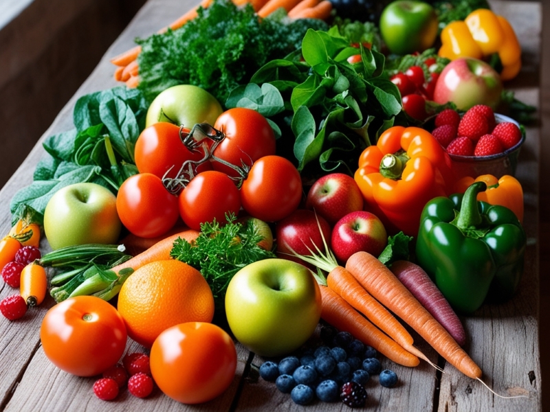 Vibrant assortment of fresh fruits and vegetables, including apples, tomatoes, bell peppers, and berries, perfect for a healthy diet.