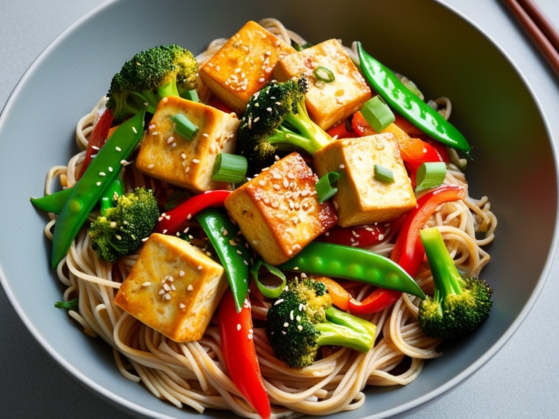 Healthy eating meal idea featuring stir-fried tofu, broccoli, snap peas, and bell peppers on a bed of noodles.