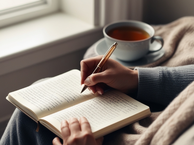 Individual journaling with a cup of tea, a reflective practice to help cope with PTSD.