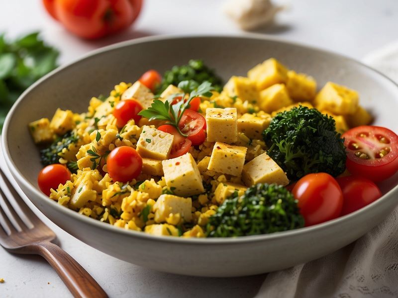 A bowl filled with tofu scramble, fresh tomatoes, and broccoli for a Low FODMAP high-protein breakfast.