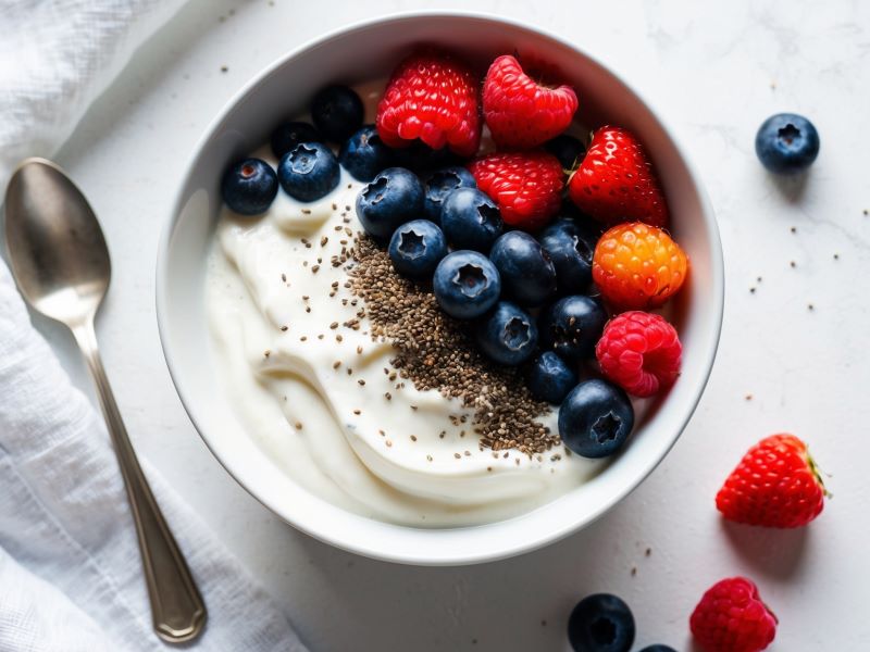 A bowl of creamy Greek yogurt topped with blueberries, raspberries, and chia seeds as a Low FODMAP high-protein breakfast option.