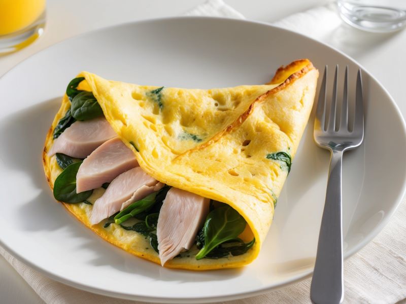 A perfectly cooked Low FODMAP high-protein omelette with spinach and chicken slices.