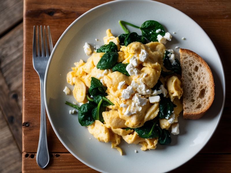 A plate of fluffy scrambled eggs with spinach and feta cheese for a Low FODMAP high-protein breakfast.