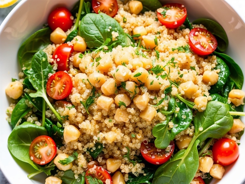 Healthy quinoa salad with cherry tomatoes, chickpeas, spinach, and fresh herbs for a balanced 90-30-50 meal plan